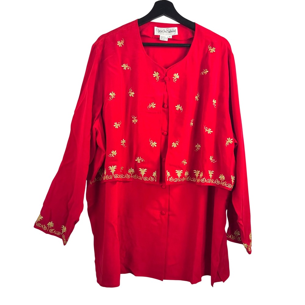 VTG Diane Von Furstenberg Silk Tunic sz X Red Gold Embroidered artsy button